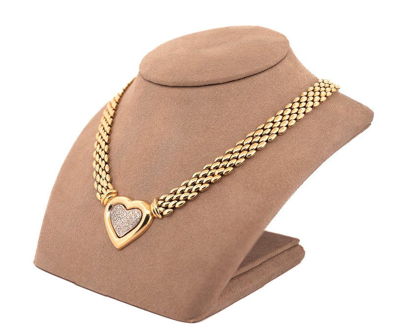 14k Yellow Gold 0.94 Ct Pave Diamond Heart Necklace With Panther Link Chain