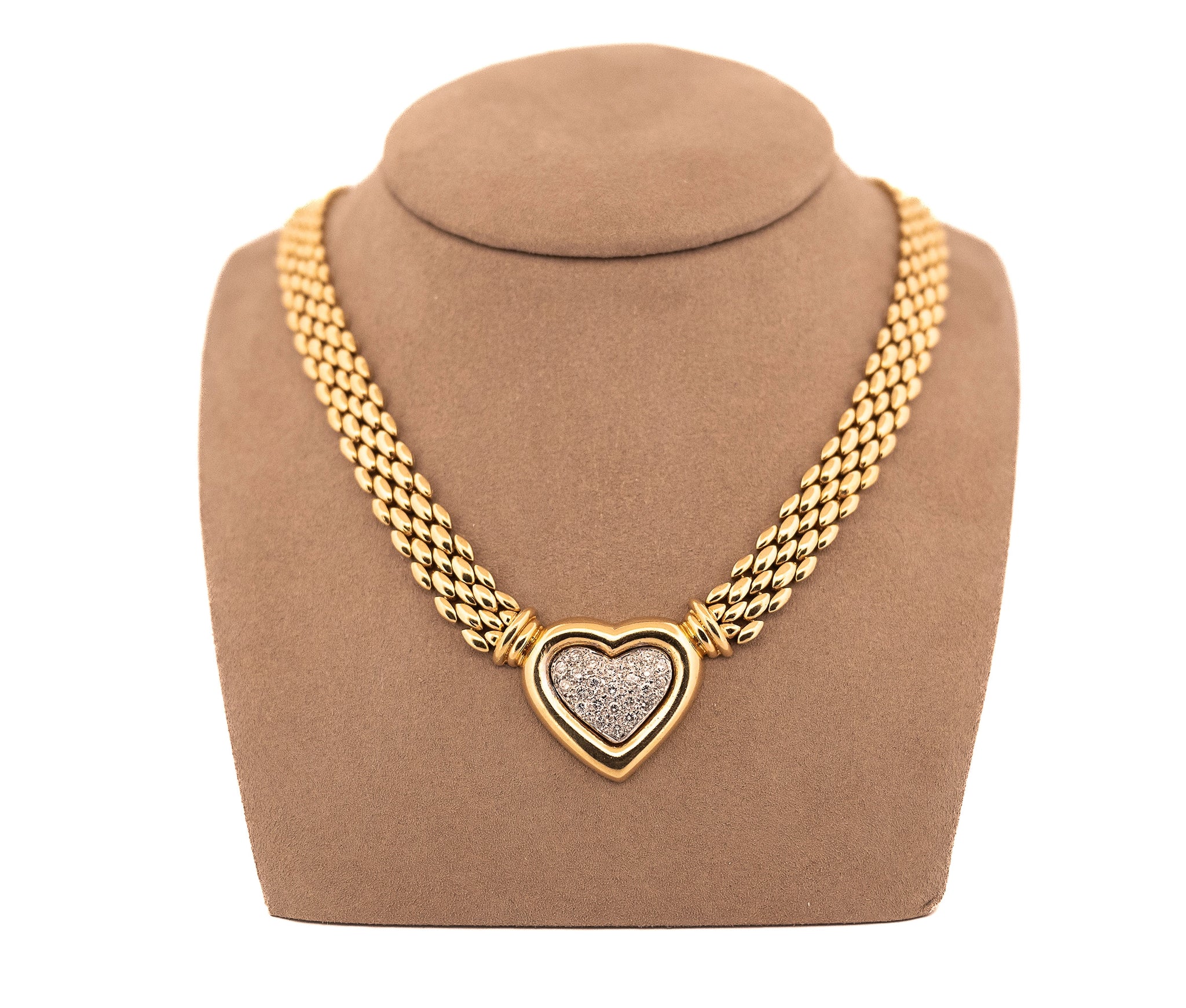 14k Yellow Gold 0.94 Ct Pave Diamond Heart Necklace With Panther Link Chain
