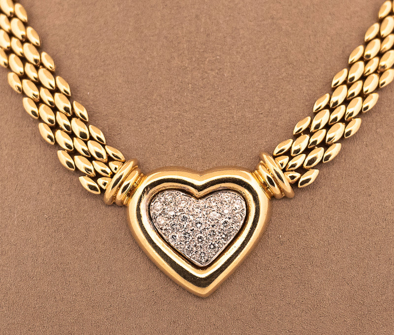 14k Yellow Gold 0.94 Ct Pave Diamond Heart Necklace With Panther Link Chain