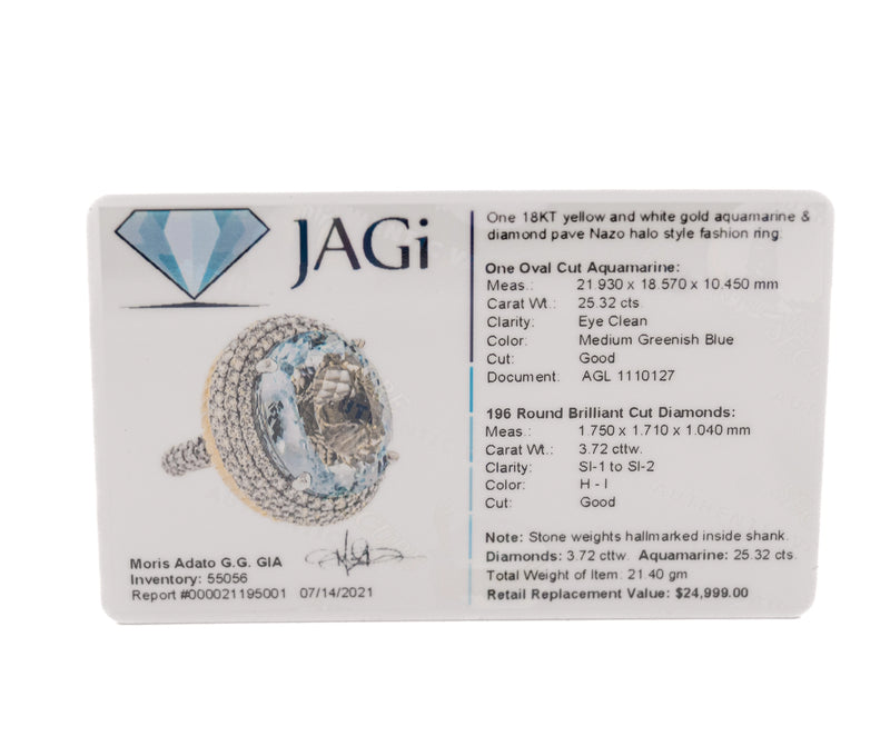 18k Yellow & White Gold Aquamarine Diamond Halo Ring 3.72ct