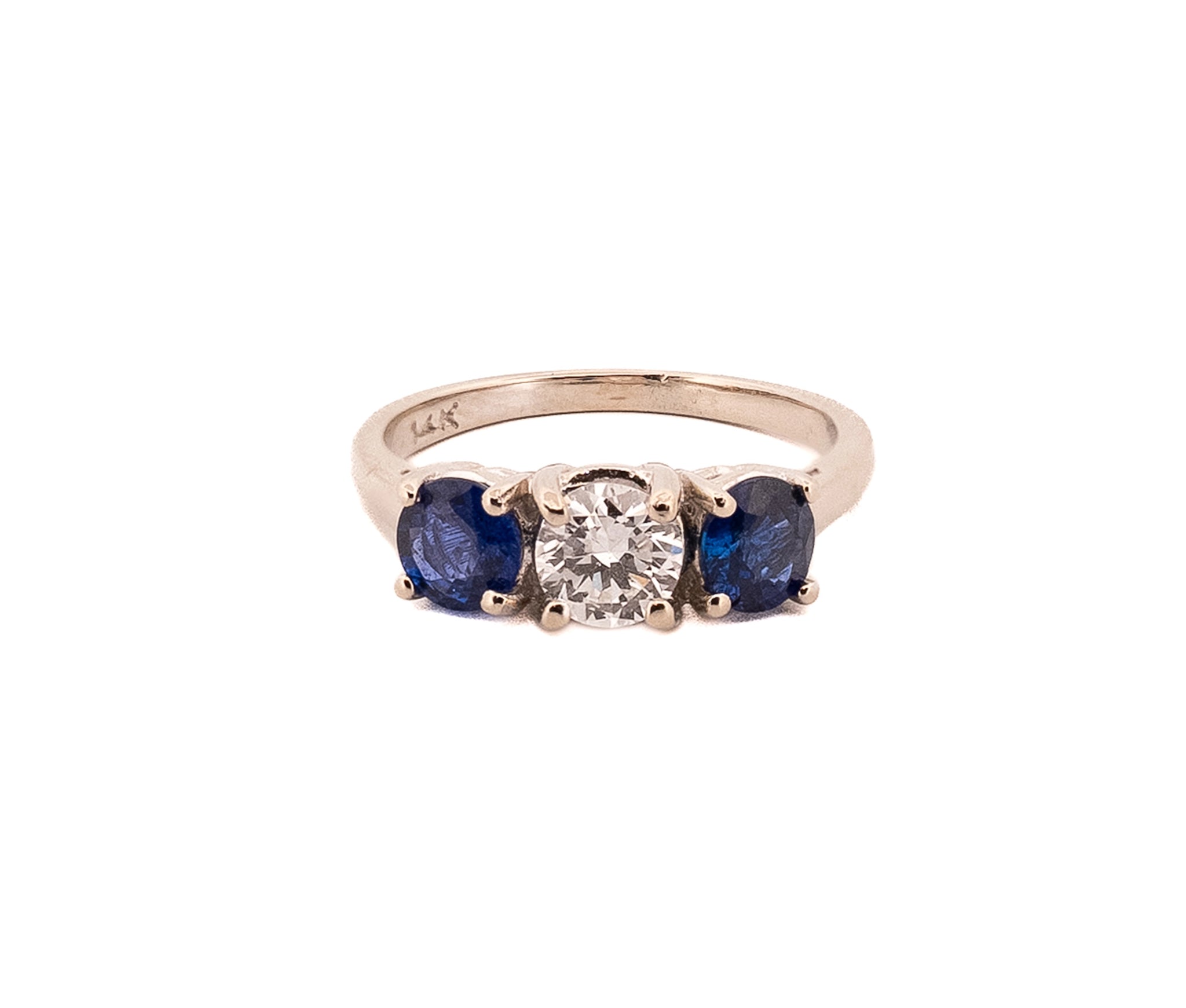 14K White Gold Diamond & Natural Sapphire Three-Stone Ring