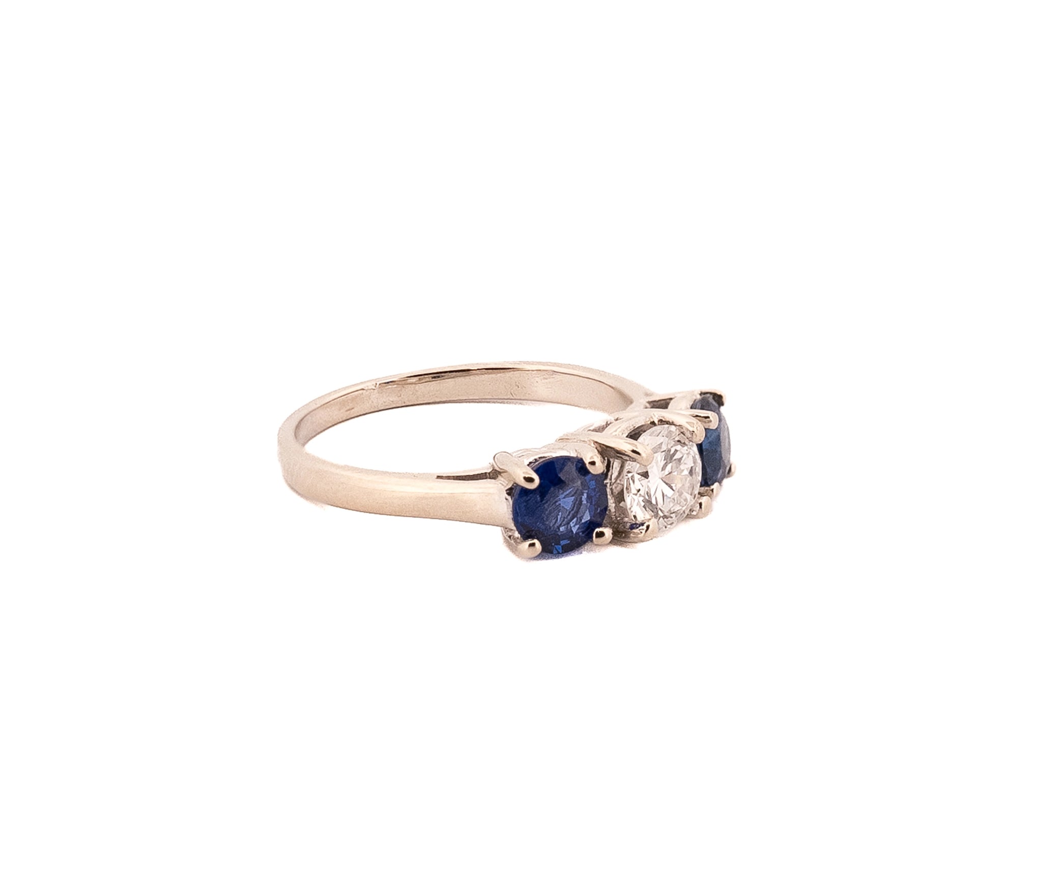 14K White Gold Diamond & Natural Sapphire Three-Stone Ring