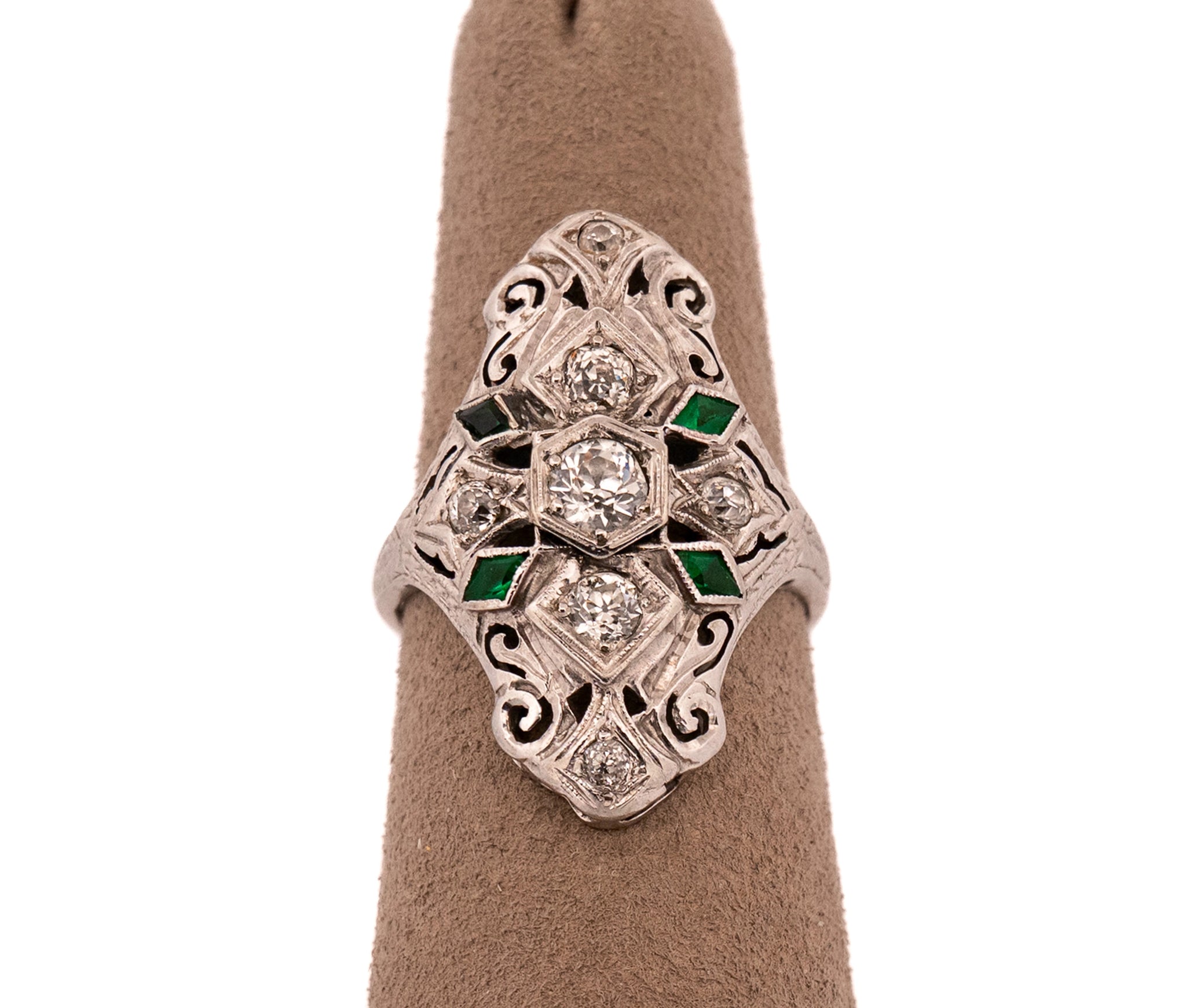 Antique 18K White Gold 0.60Ct Diamond and Green Stone Ring