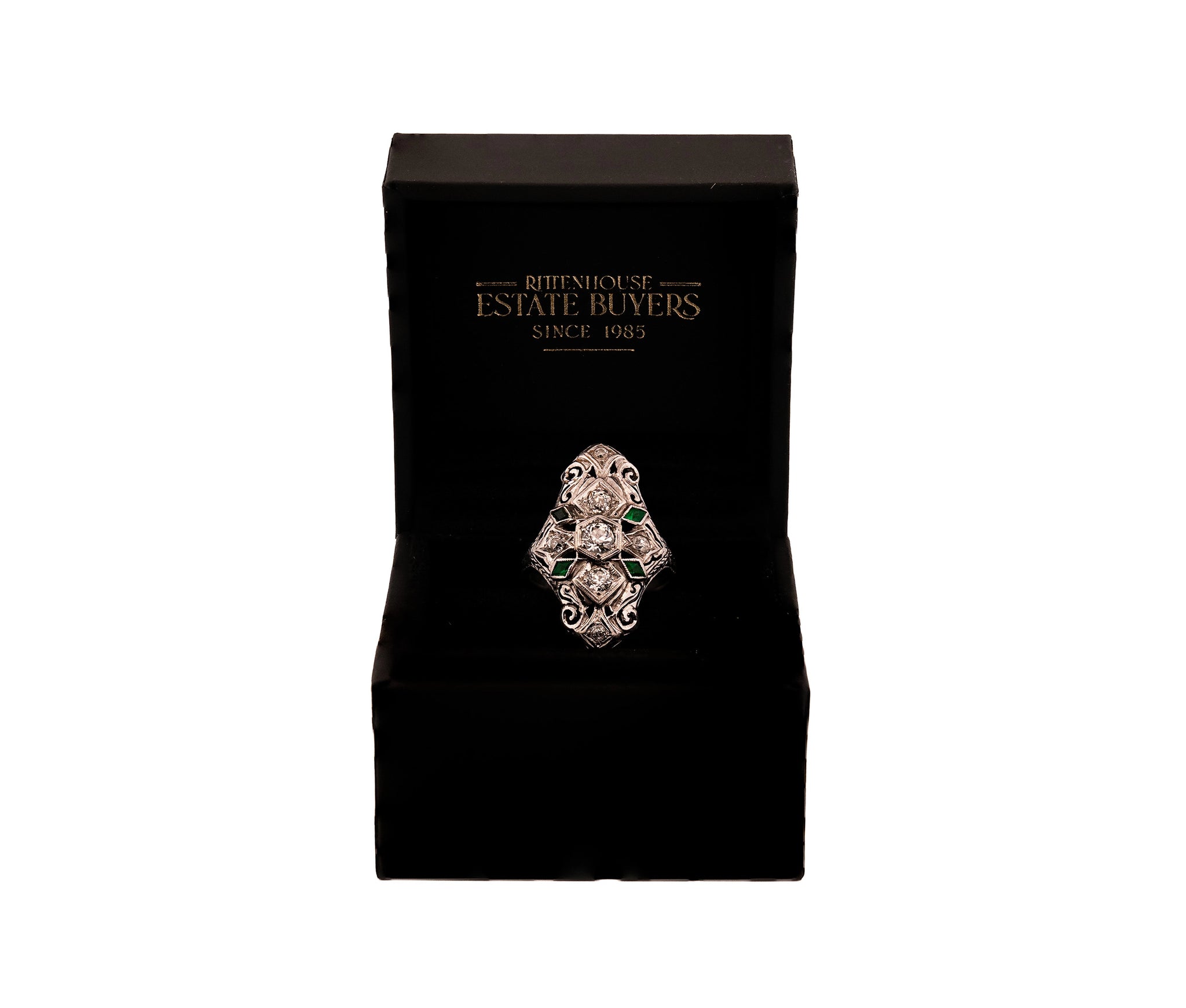 Antique 18K White Gold 0.60Ct Diamond and Green Stone Ring