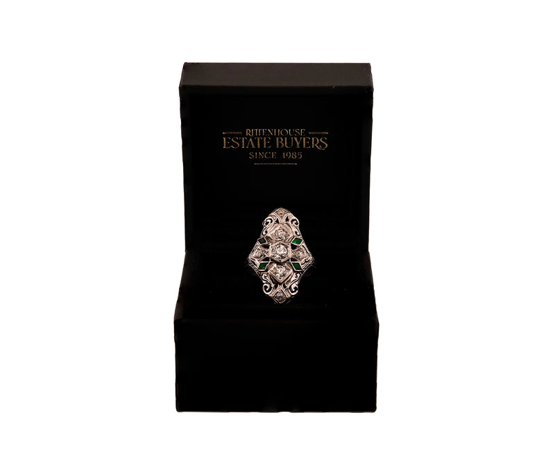 Antique 18K White Gold 0.60Ct Diamond and Green Stone Ring