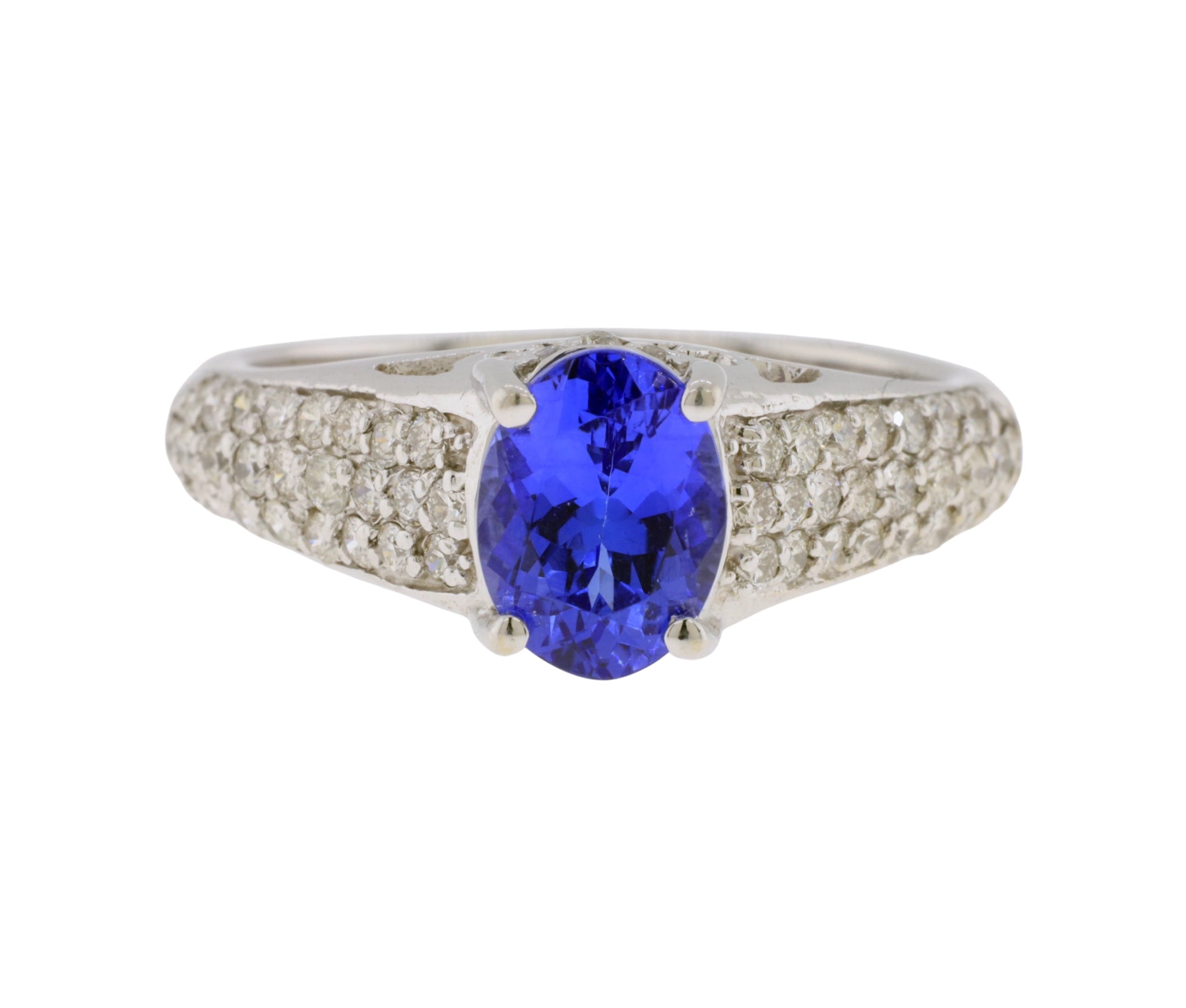 14K White Gold 1.48ct Tanzanite & Diamond Pave Cathedral Style Ring