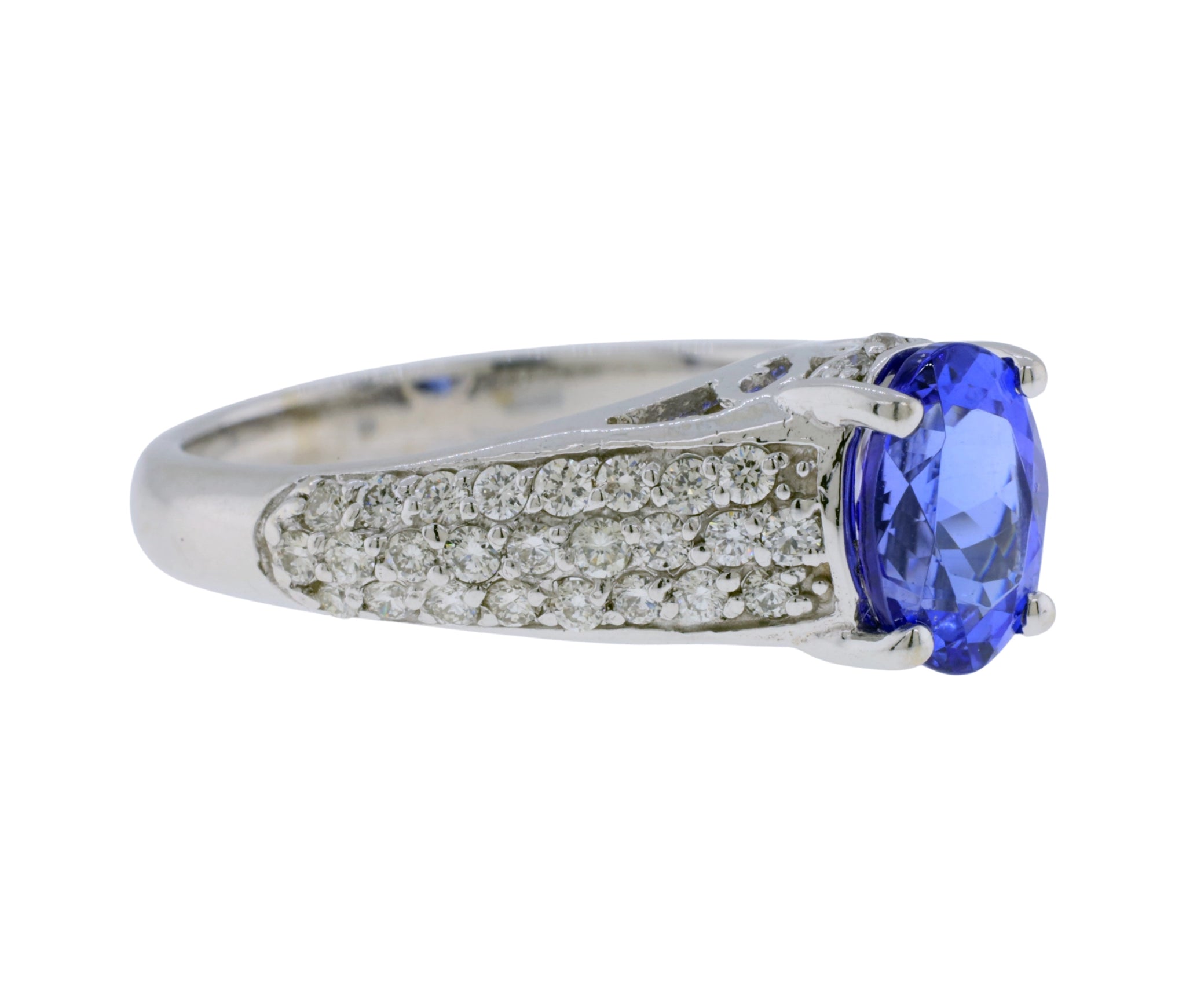 14K White Gold 1.48ct Tanzanite & Diamond Pave Cathedral Style Ring