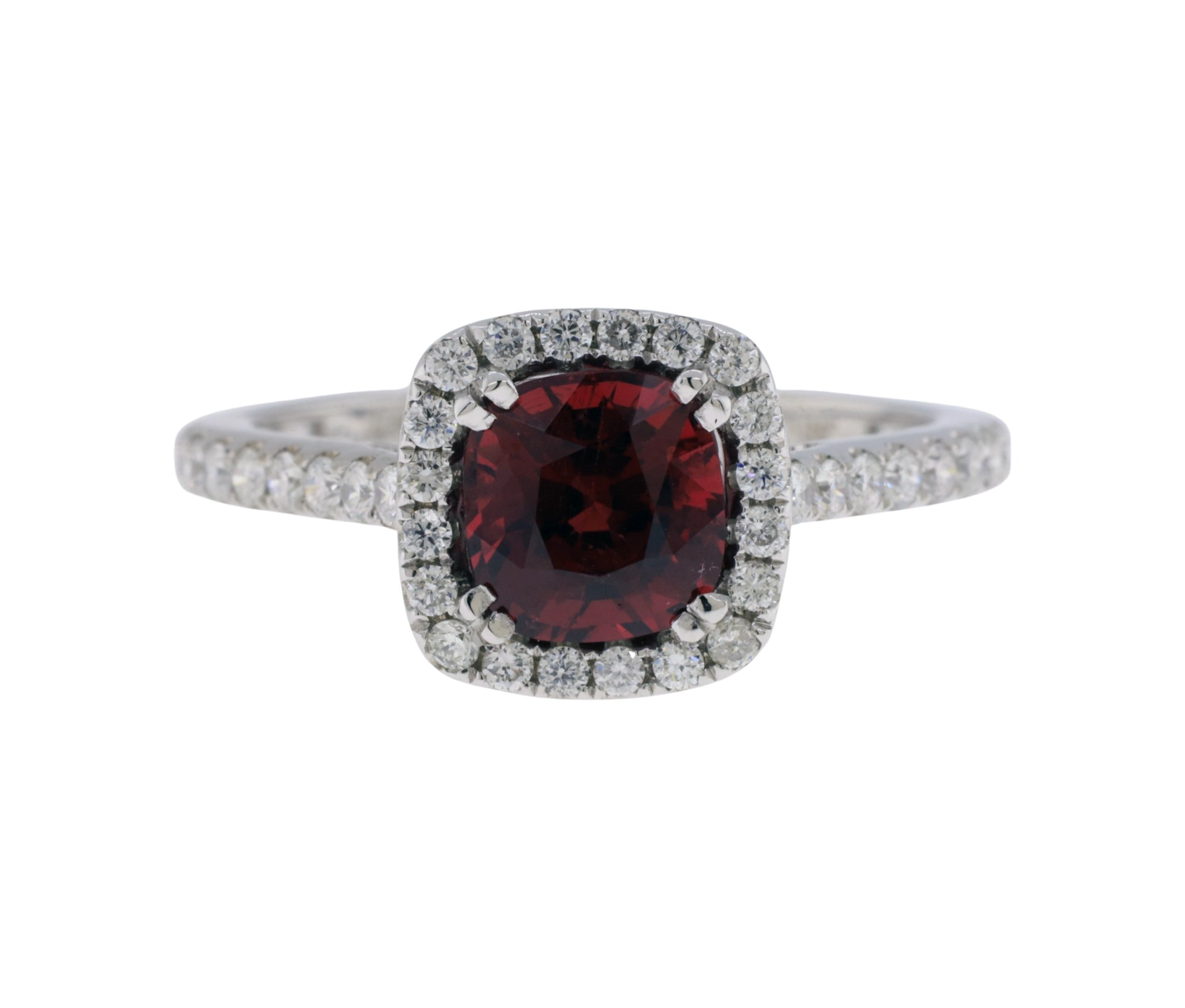 18K White Gold Red Spinel and Diamond Halo Cathedral Mount Ring