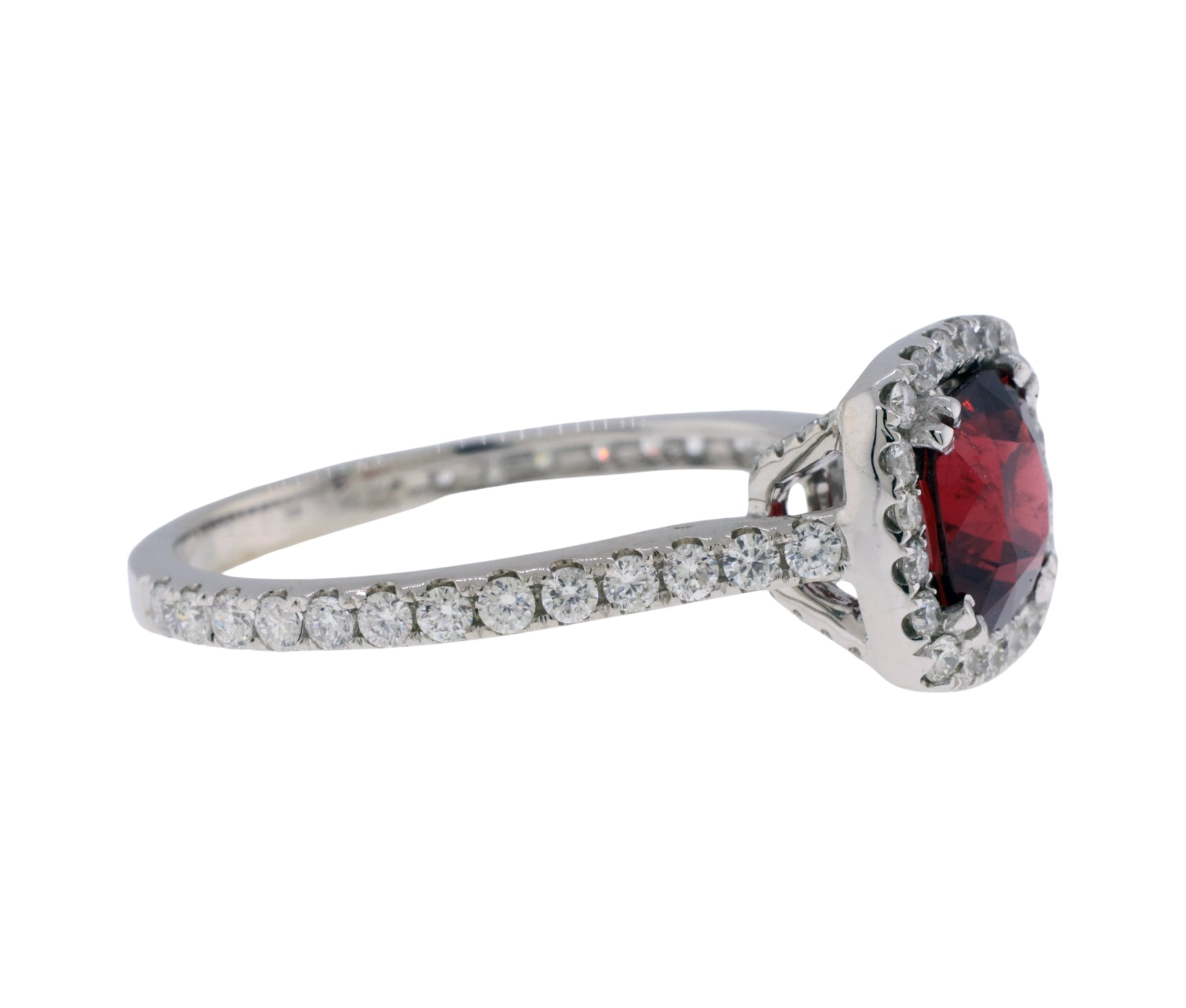18K White Gold Red Spinel and Diamond Halo Cathedral Mount Ring