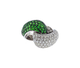 14K White Gold Diamond and Tsavorite Garnet Pave Love Knot Style Ring