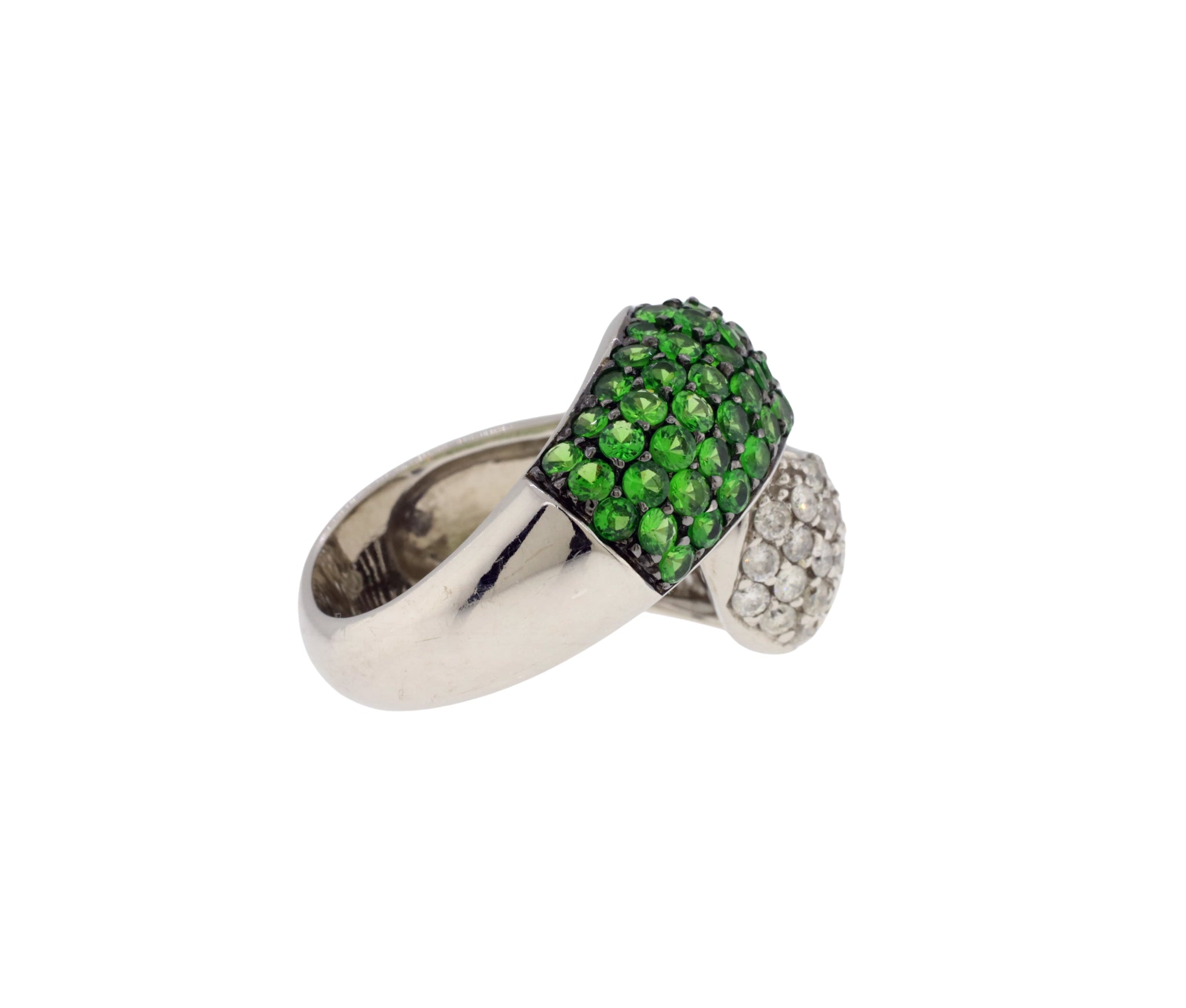 14K White Gold Diamond and Tsavorite Garnet Pave Love Knot Style Ring