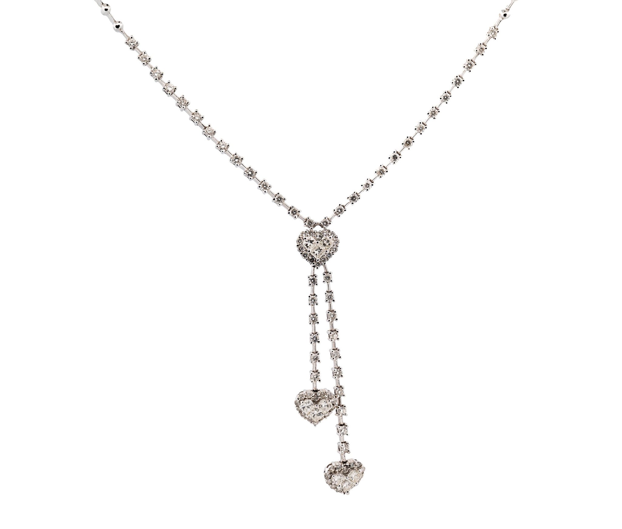 18K White Gold 2.25 cttw. Princess & Round Diamond Heart Drop Dangle Necklace
