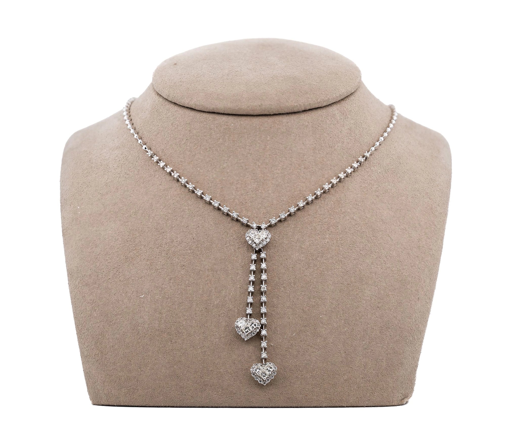 18K White Gold 2.25 cttw. Princess & Round Diamond Heart Drop Dangle Necklace