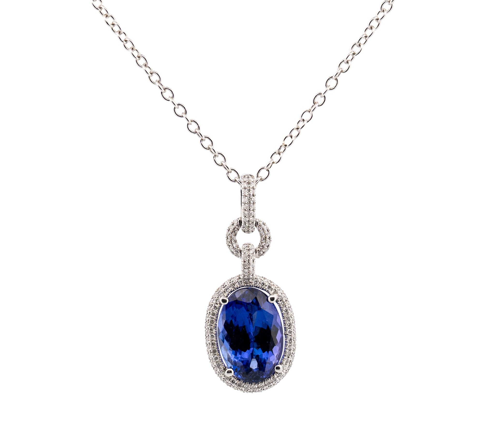 18K White Gold 4.81ct. Tanzanite & .35 cttw. Diamond Halo Style Pendant Necklace