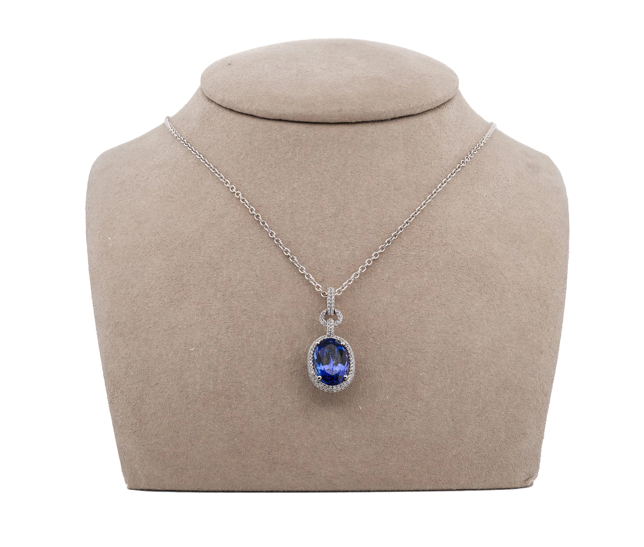 18K White Gold 4.81ct. Tanzanite & .35 cttw. Diamond Halo Style Pendant Necklace