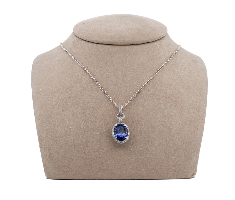 18K White Gold 4.81ct. Tanzanite & .35 cttw. Diamond Halo Style Pendant Necklace