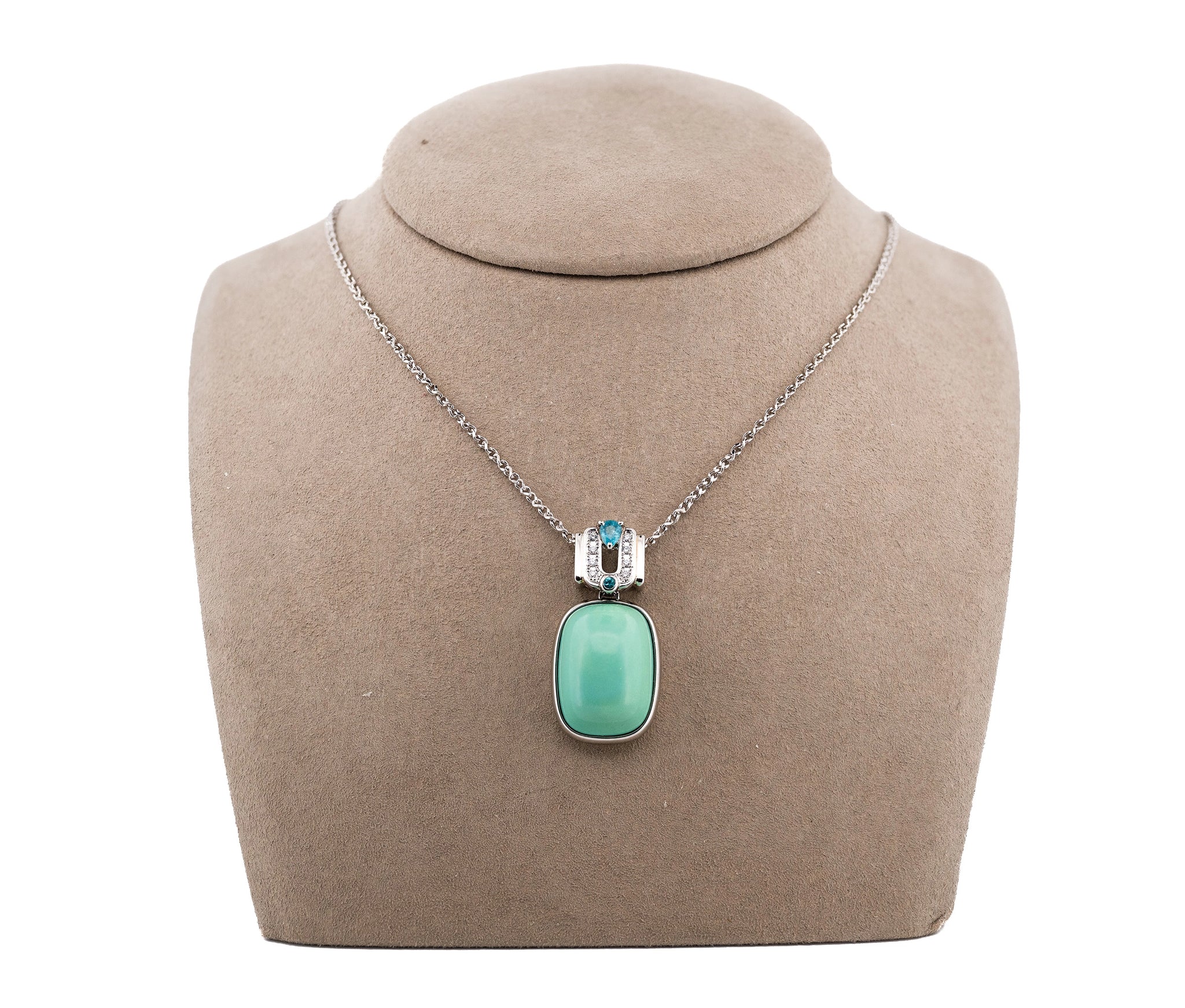 18K White Gold & Platinum Turquoise, Tourmaline, & Diamond Pendant Necklace