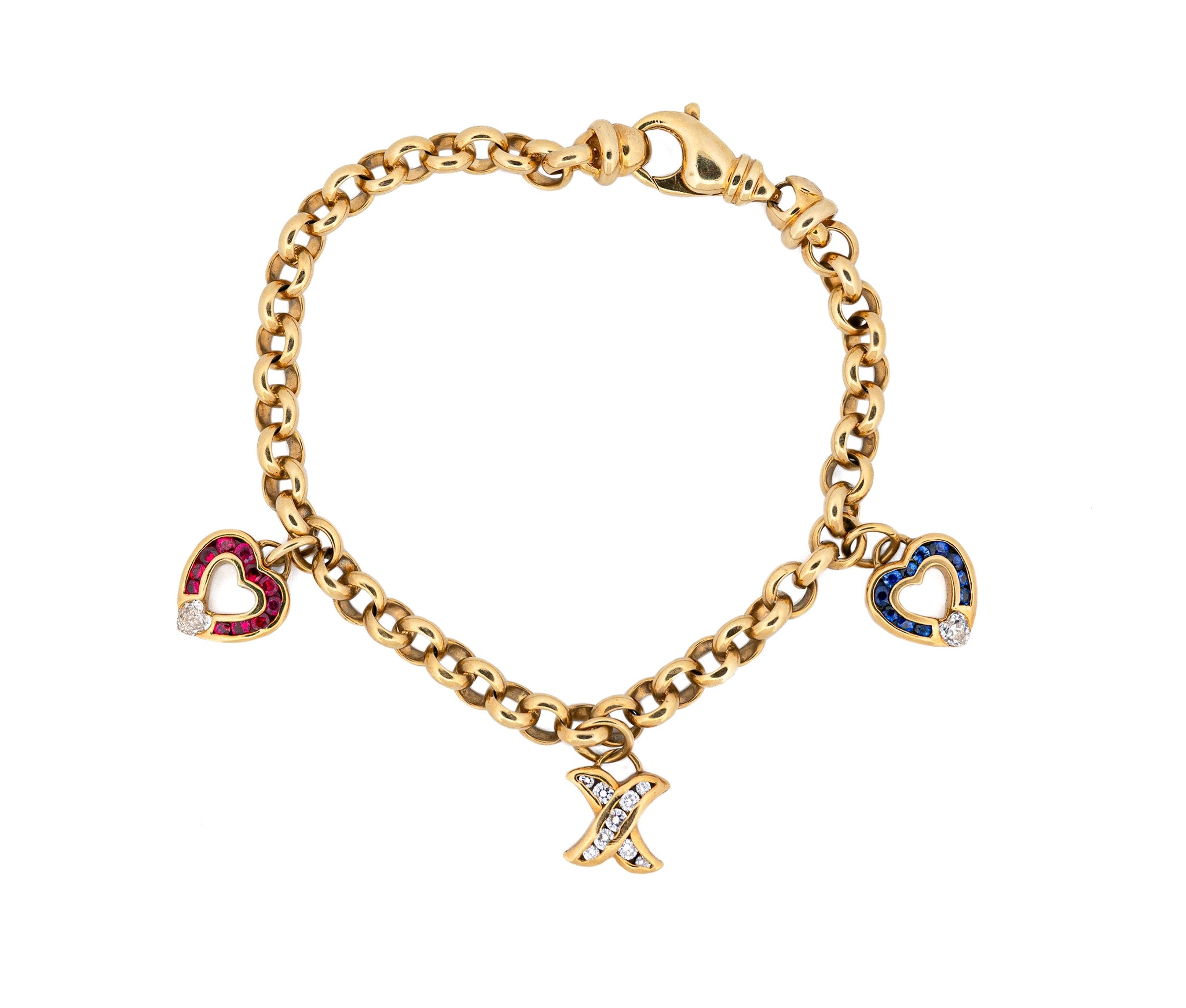 18K Yellow Gold Charles Krypell Sapphire, Ruby, & Diamond Charm Bracelet