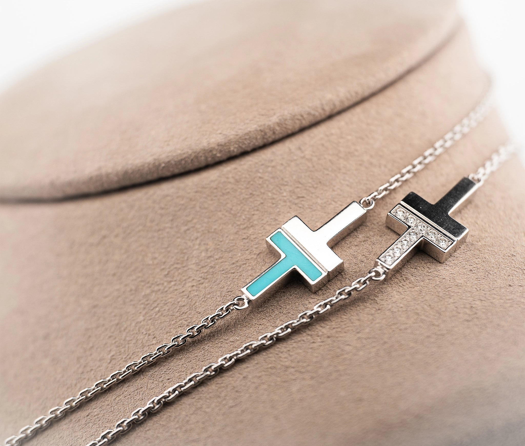 Tiffany and Co 18K White Gold T Diamond and Turquoise Necklace