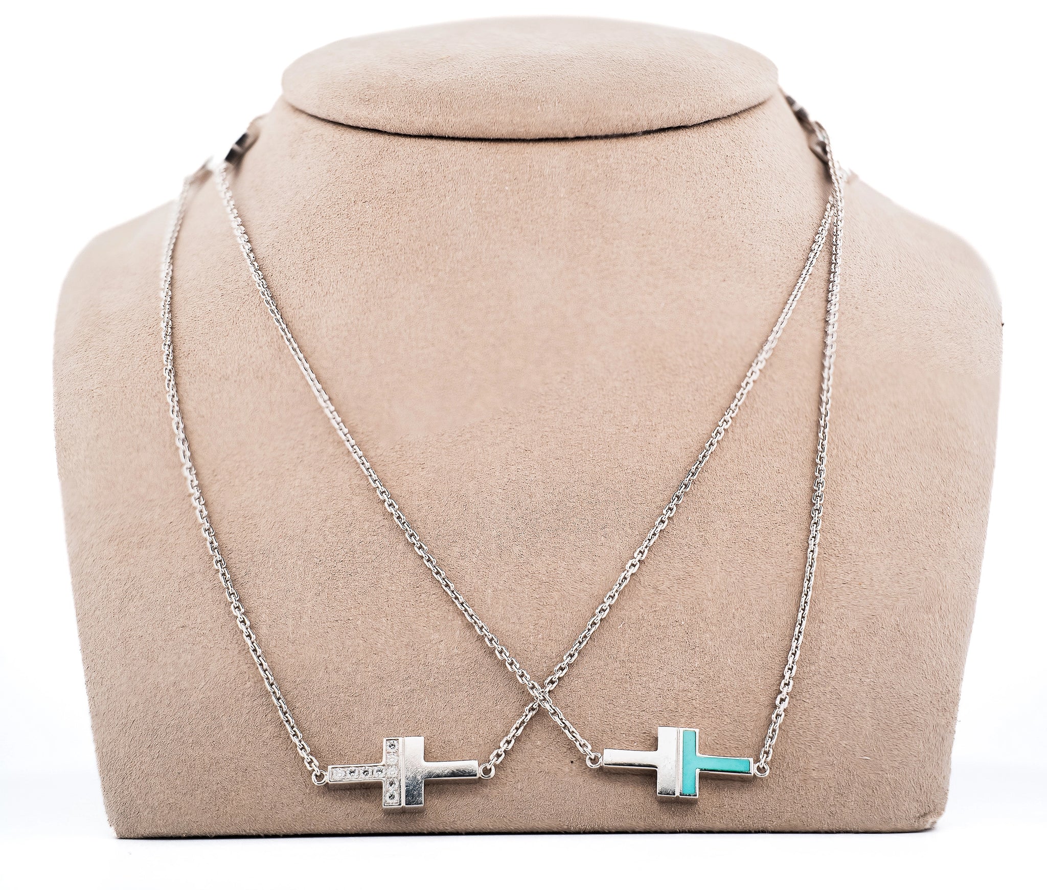 Tiffany and Co 18K White Gold T Diamond and Turquoise Necklace