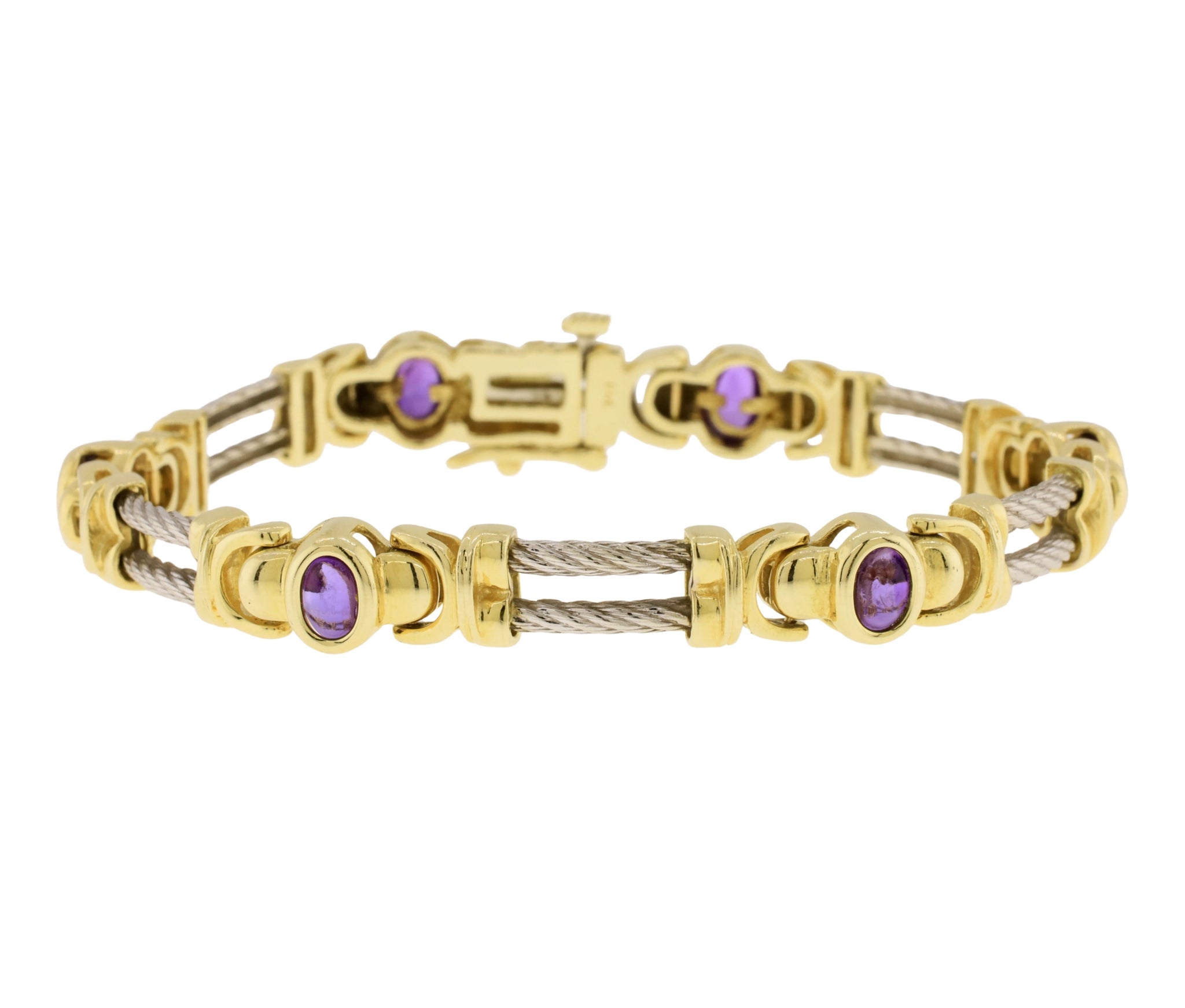 14K Yellow & White Gold 2.28 Ct Amethyst Cabochon Double Rope Link Bracelet