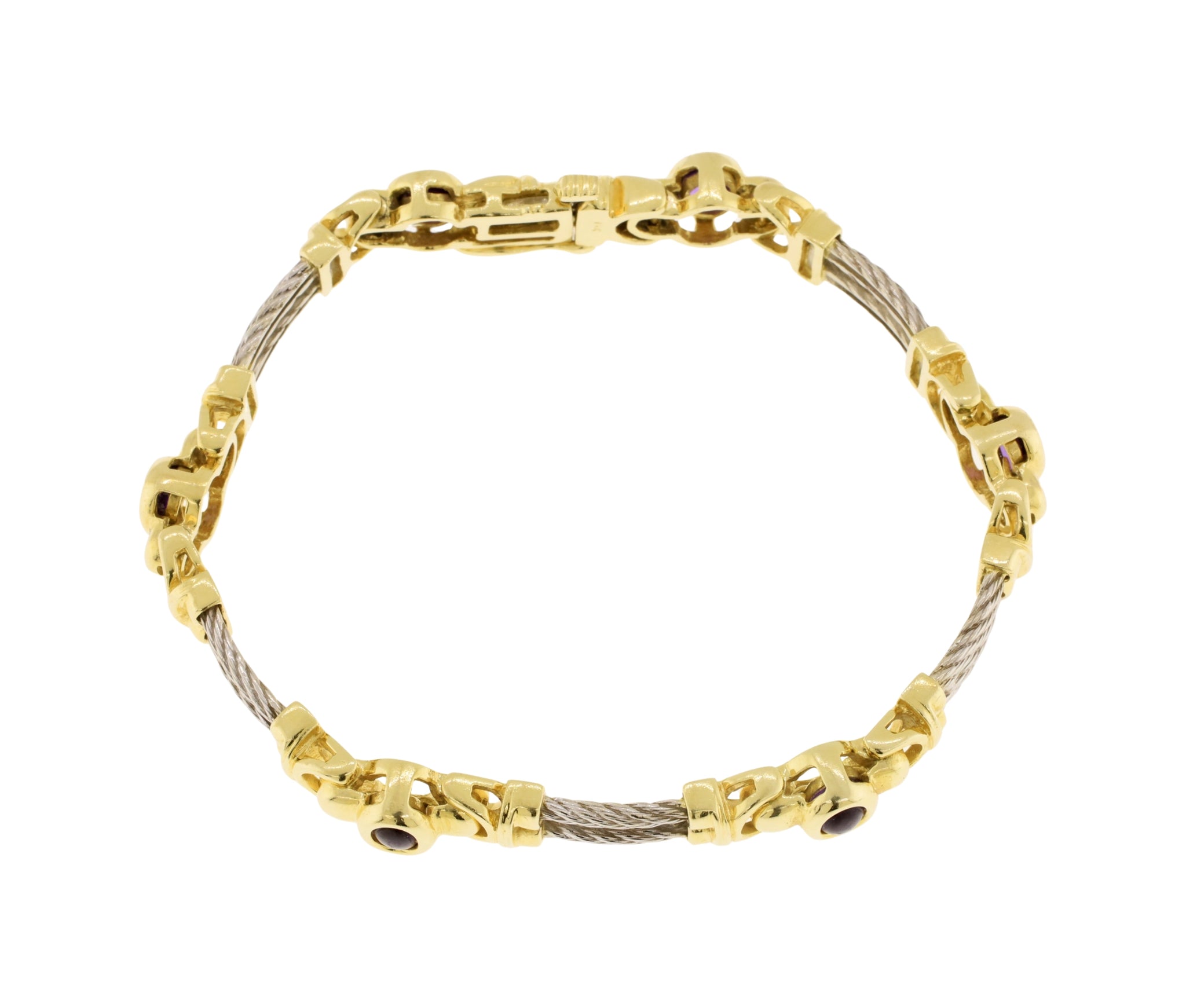 14K Yellow & White Gold 2.28 Ct Amethyst Cabochon Double Rope Link Bracelet