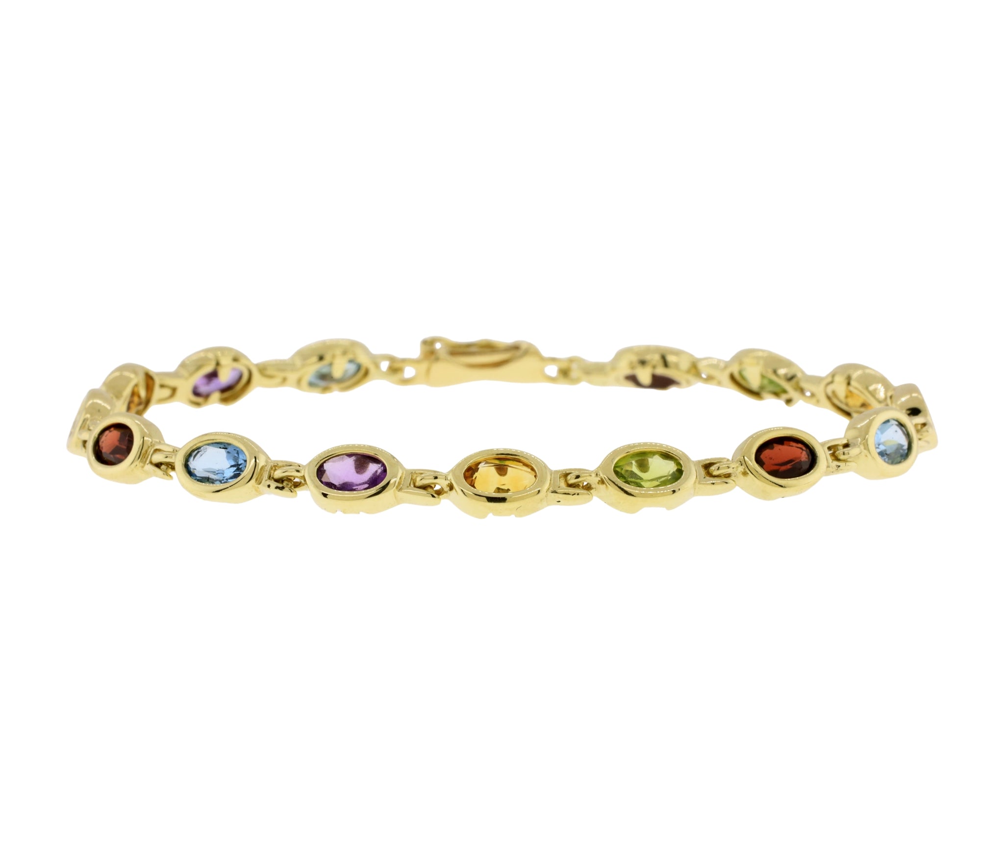 14K Yellow Gold Bezel Set Multi Gemstone Link Style Bracelet