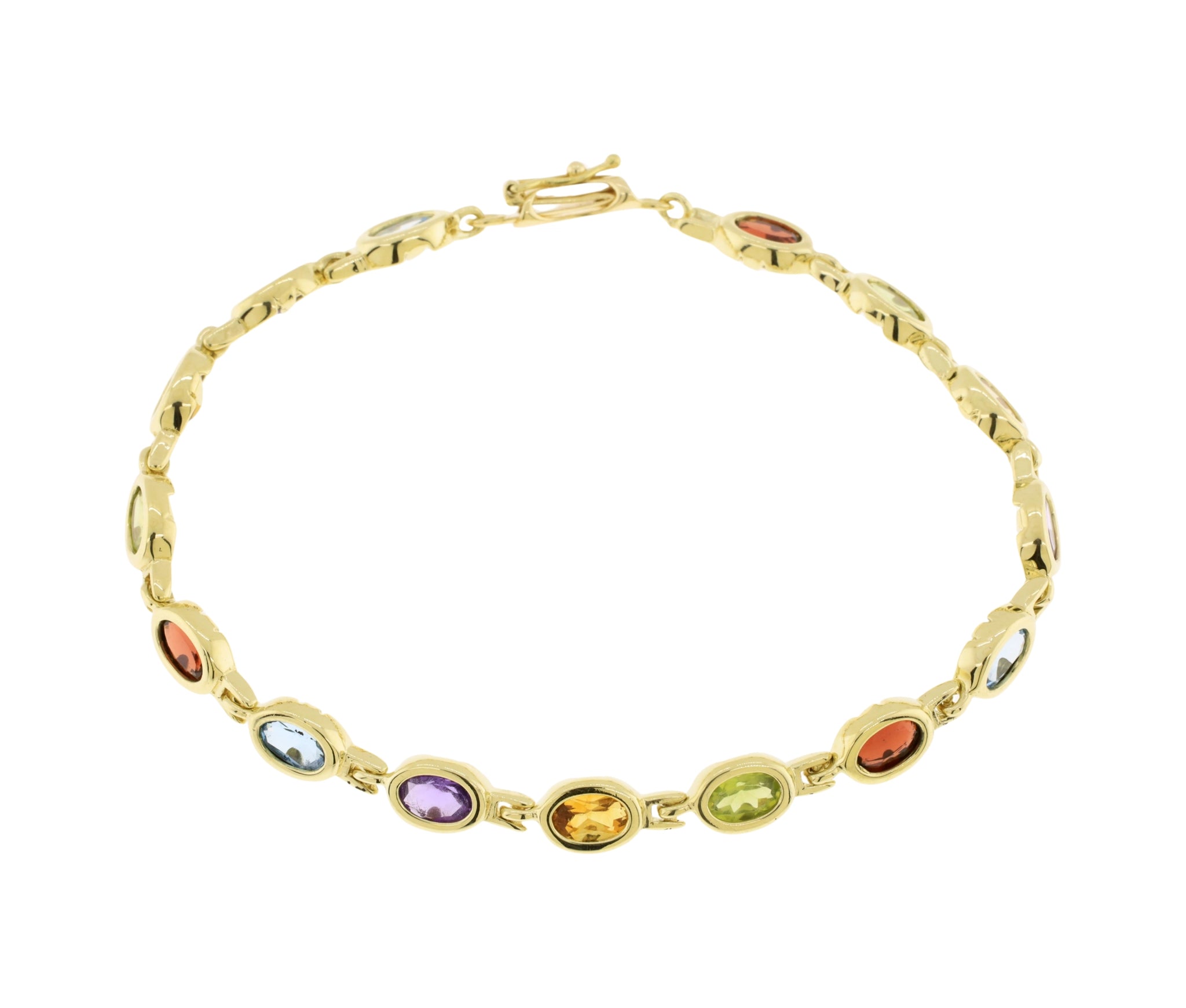 14K Yellow Gold Bezel Set Multi Gemstone Link Style Bracelet
