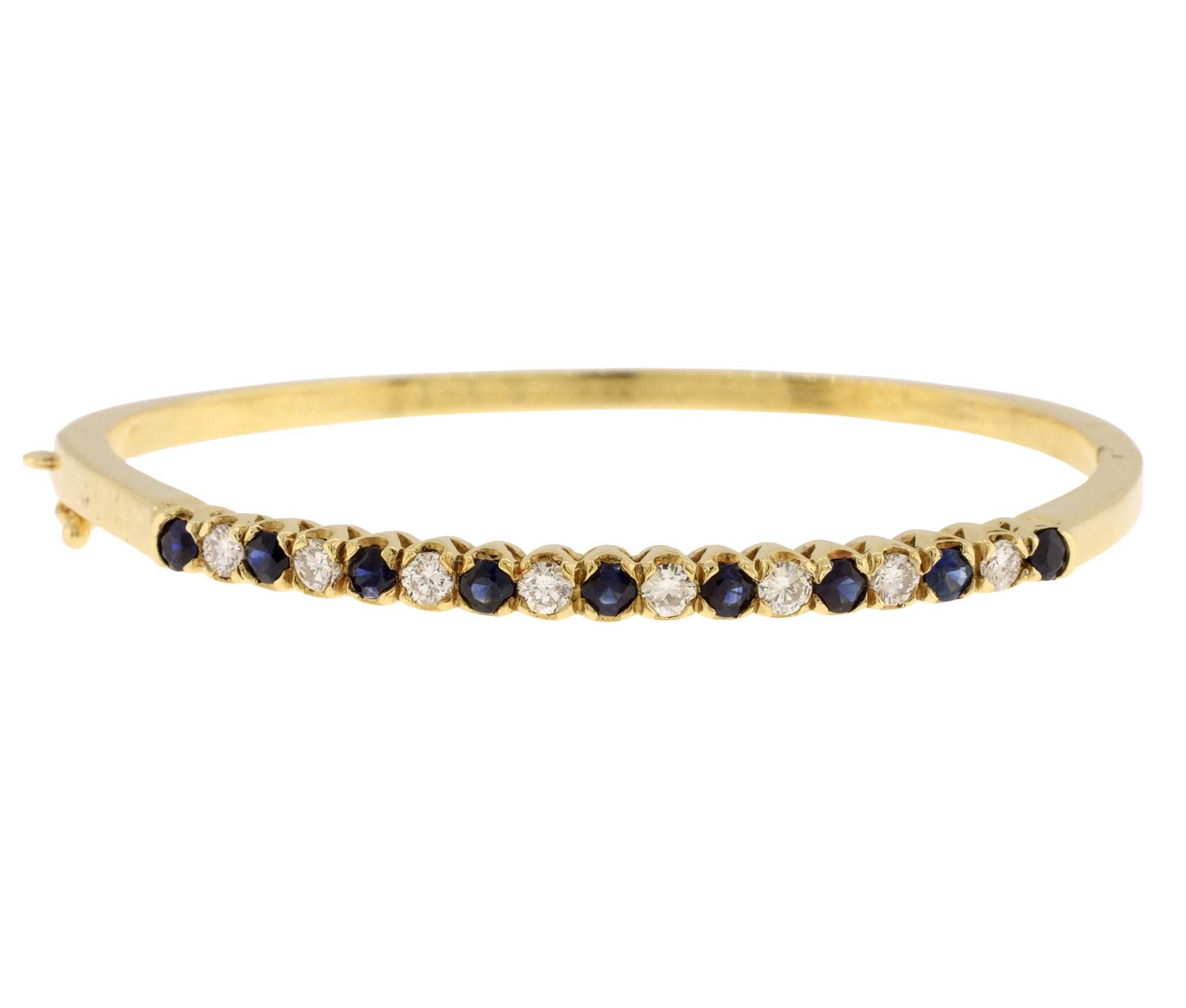 14K Yellow Gold Diamond and Natural Sapphire Hinged Bangle Bracelet