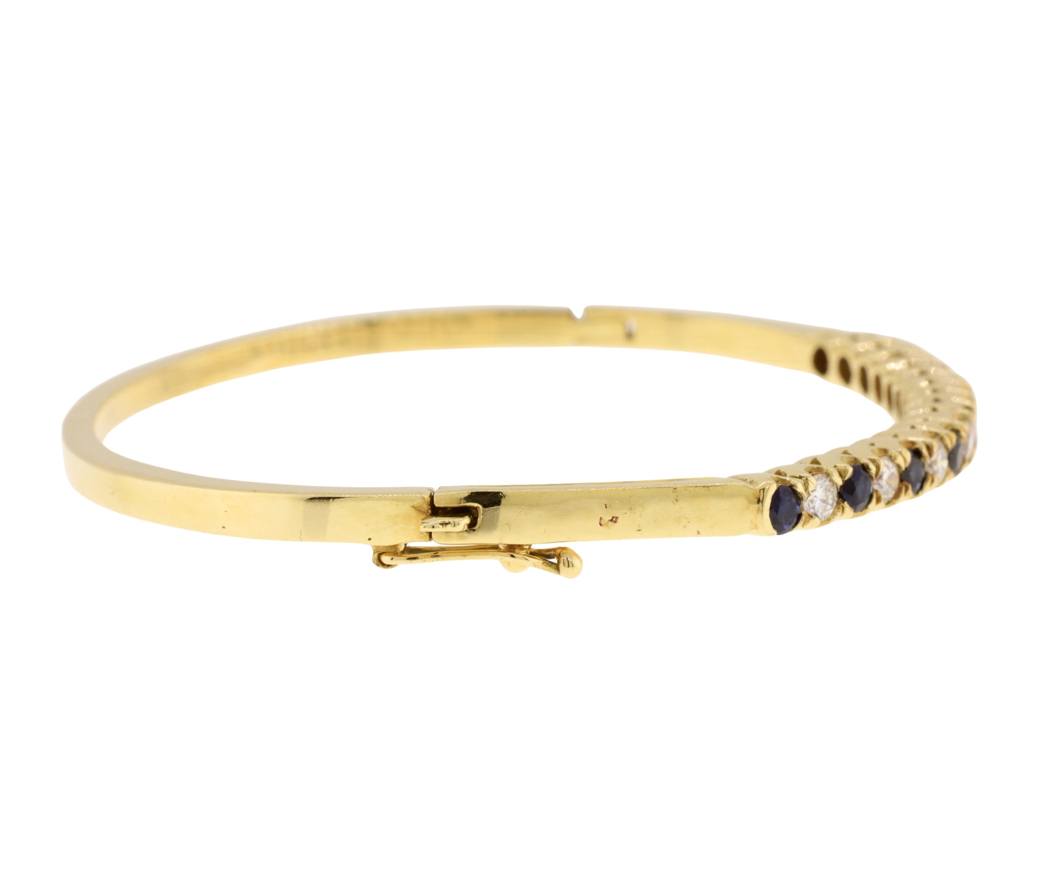 14K Yellow Gold Diamond and Natural Sapphire Hinged Bangle Bracelet