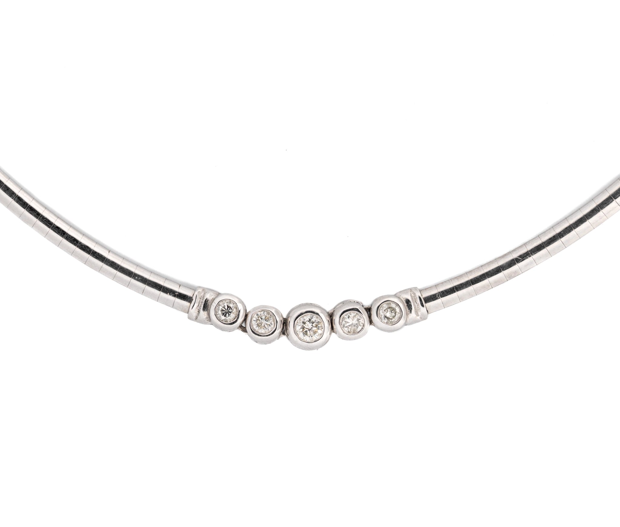 14K White Gold 5 Bezel Set Diamond Omega Necklace