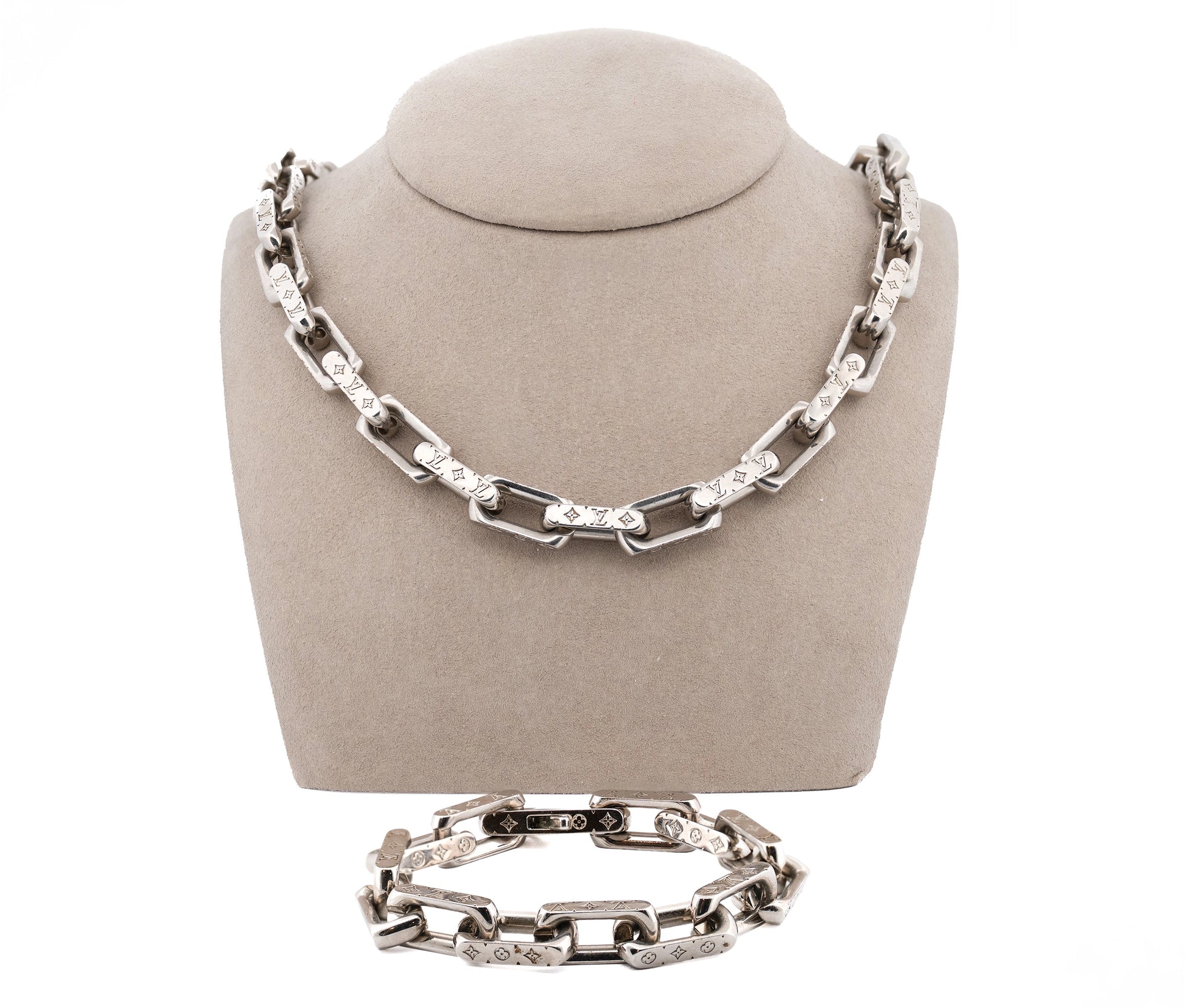 Louis Vuitton Stainless Steel LV Monogram Necklace & Bracelet Set