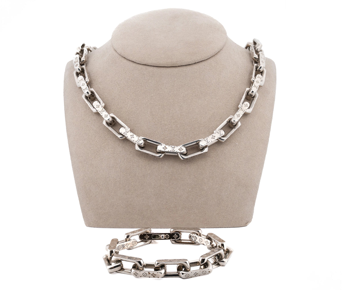 Louis Vuitton Stainless Steel LV Monogram Necklace & Bracelet Set