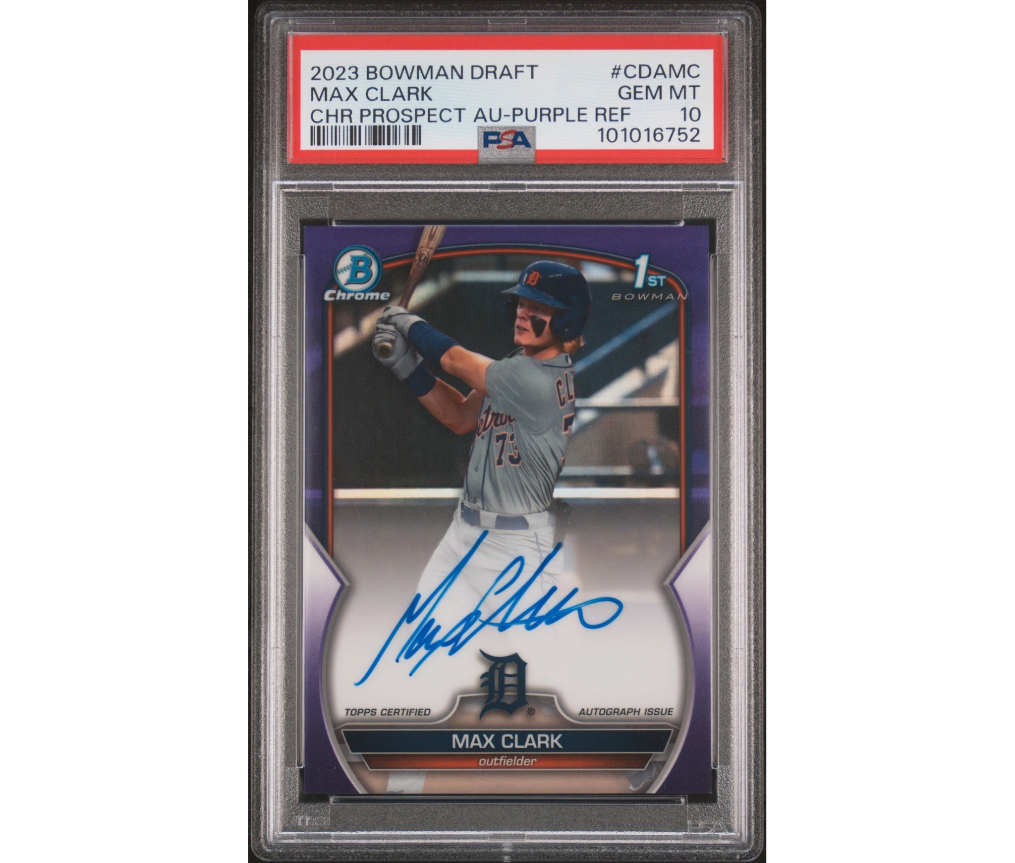 2023 Bowman Draft Max Clark Chrome Prospect Autograph Purple /250 Auto PSA 10