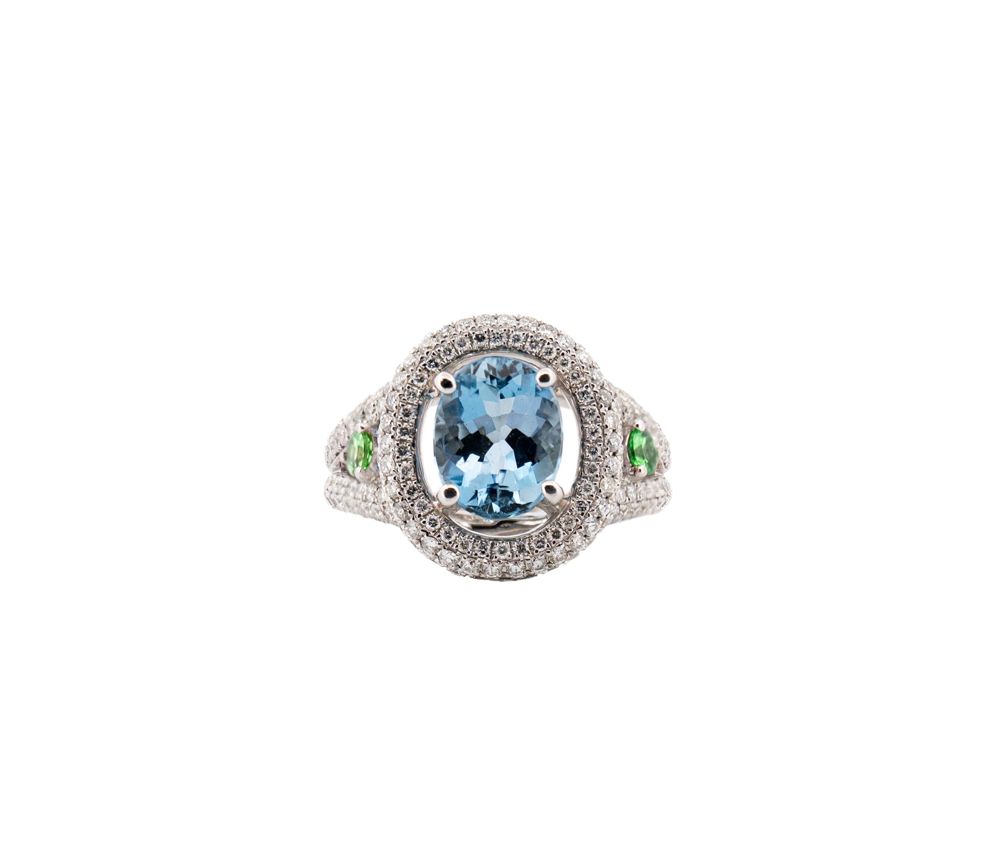 18K White Gold 2.33ct Parade Aquamarine w/ Tsavorite Garnet and Diamonds