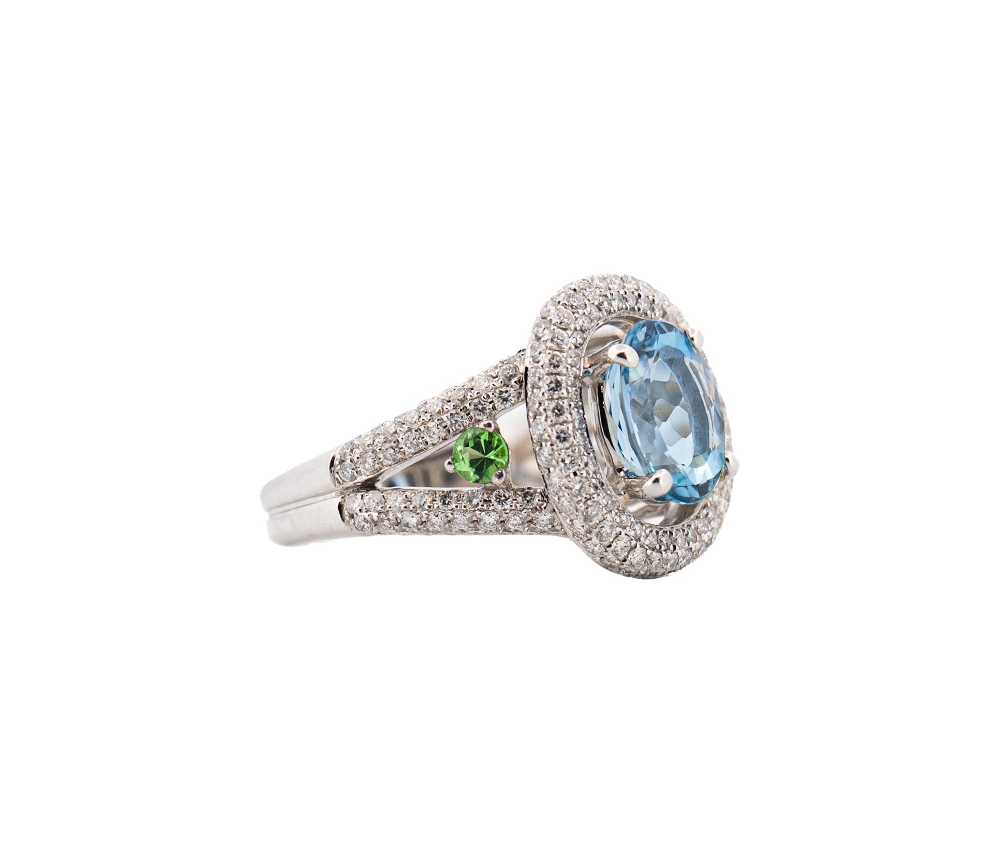 18K White Gold 2.33ct Parade Aquamarine w/ Tsavorite Garnet and Diamonds