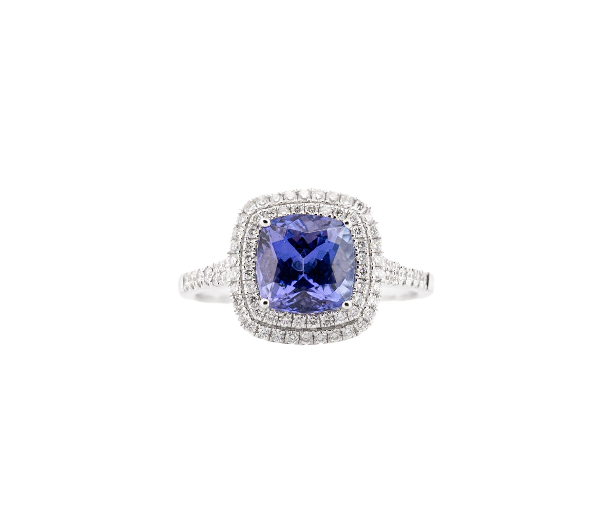 18K White Gold Cushion Cut Tanzanite and Diamond Double Halo Ring