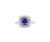 18K White Gold Cushion Cut Tanzanite and Diamond Double Halo Ring