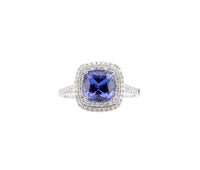 18K White Gold Cushion Cut Tanzanite and Diamond Double Halo Ring