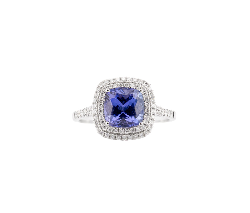 18K White Gold Cushion Cut Tanzanite and Diamond Double Halo Ring