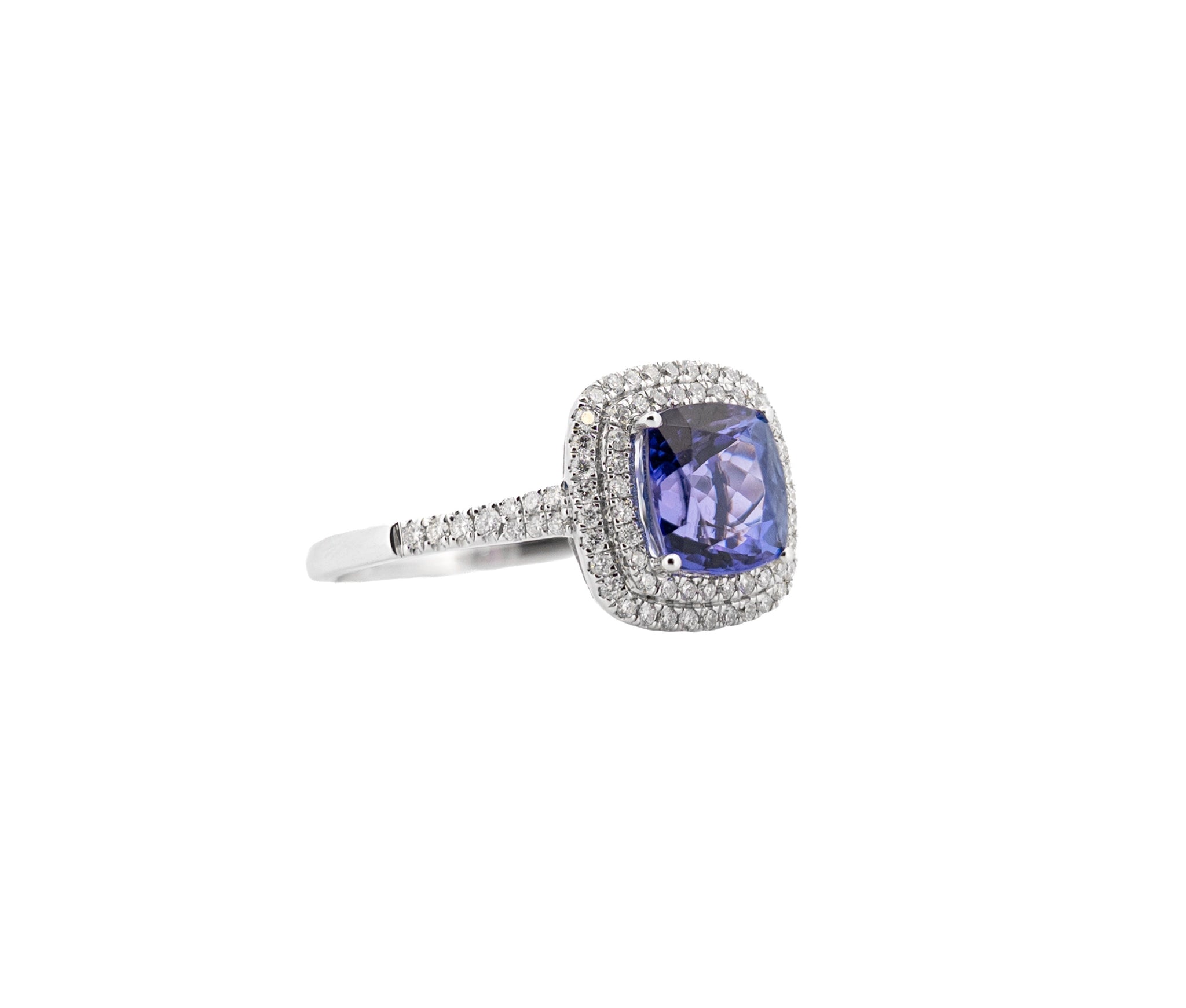 18K White Gold Cushion Cut Tanzanite and Diamond Double Halo Ring
