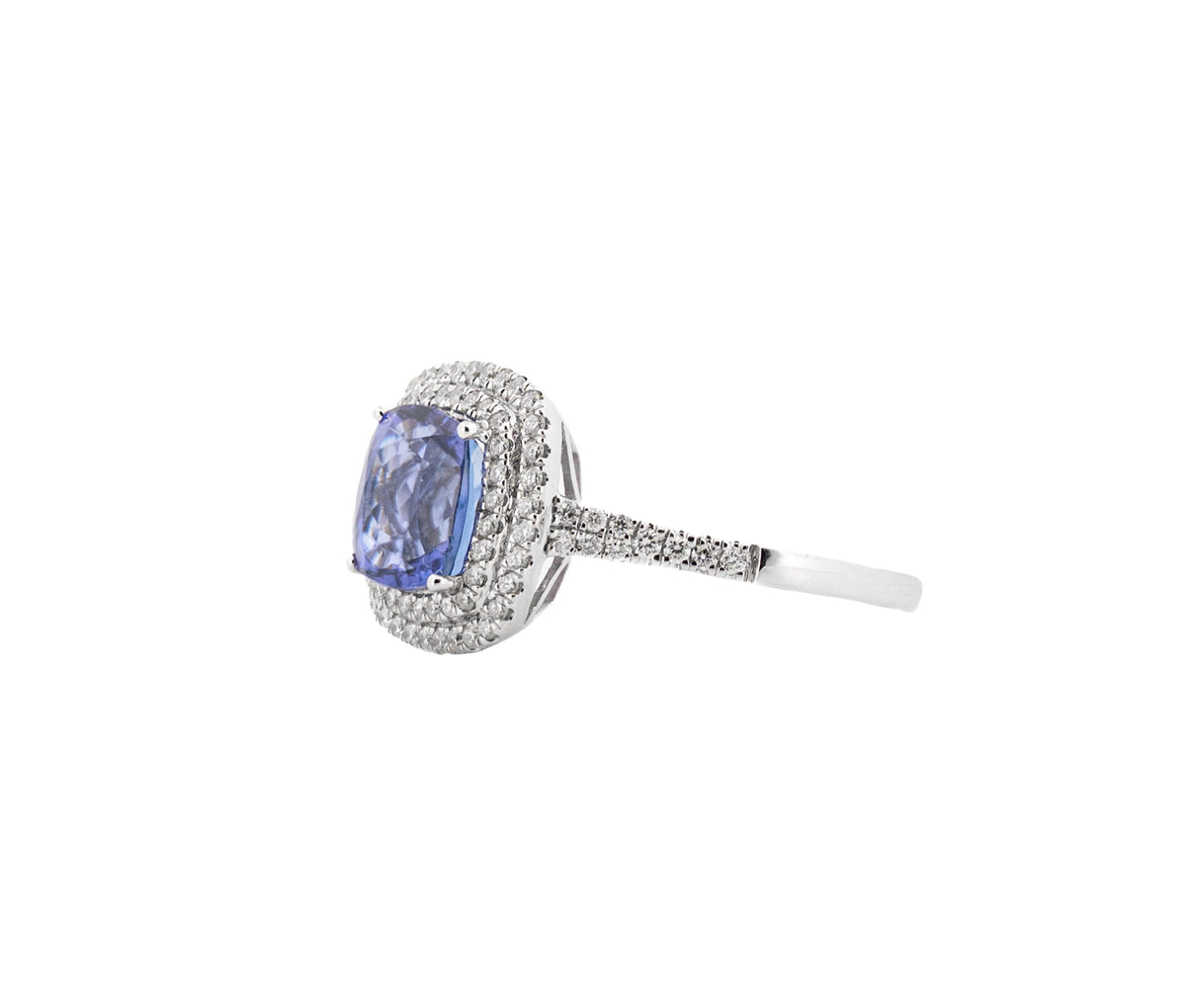 18K White Gold Cushion Cut Tanzanite and Diamond Double Halo Ring