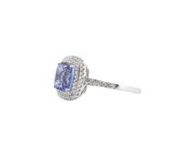 18K White Gold Cushion Cut Tanzanite and Diamond Double Halo Ring