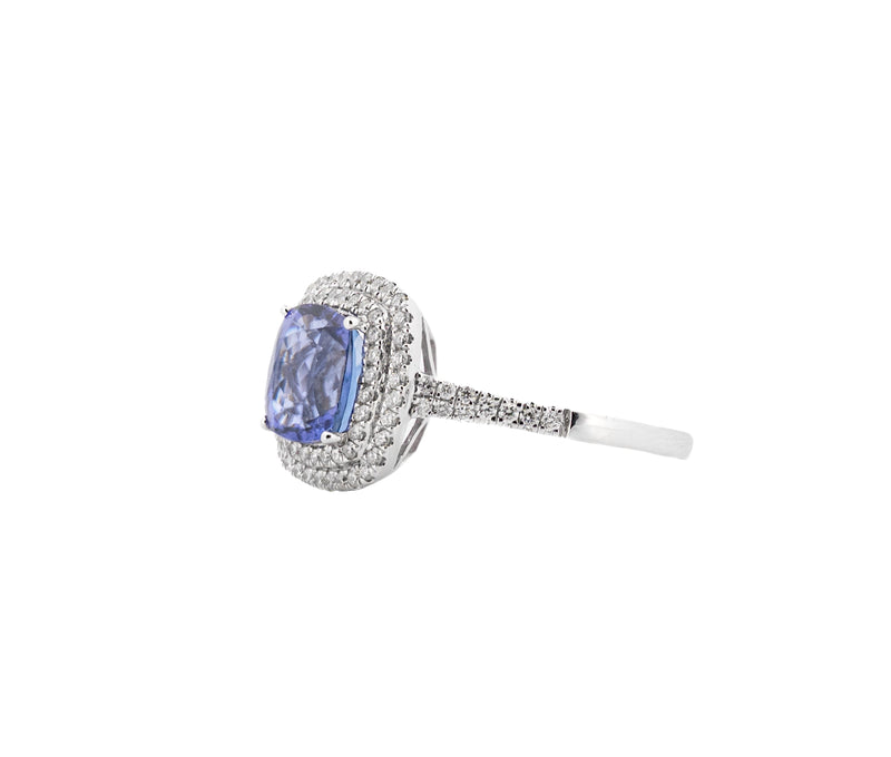 18K White Gold Cushion Cut Tanzanite and Diamond Double Halo Ring