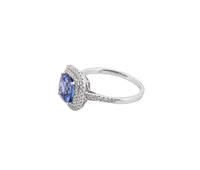 18K White Gold Cushion Cut Tanzanite and Diamond Double Halo Ring