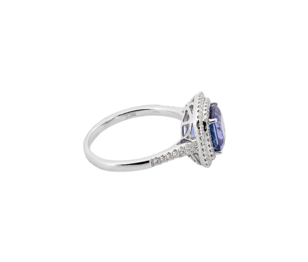 18K White Gold Cushion Cut Tanzanite and Diamond Double Halo Ring