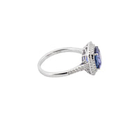18K White Gold Cushion Cut Tanzanite and Diamond Double Halo Ring