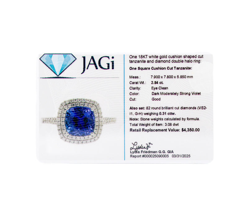 18K White Gold Cushion Cut Tanzanite and Diamond Double Halo Ring