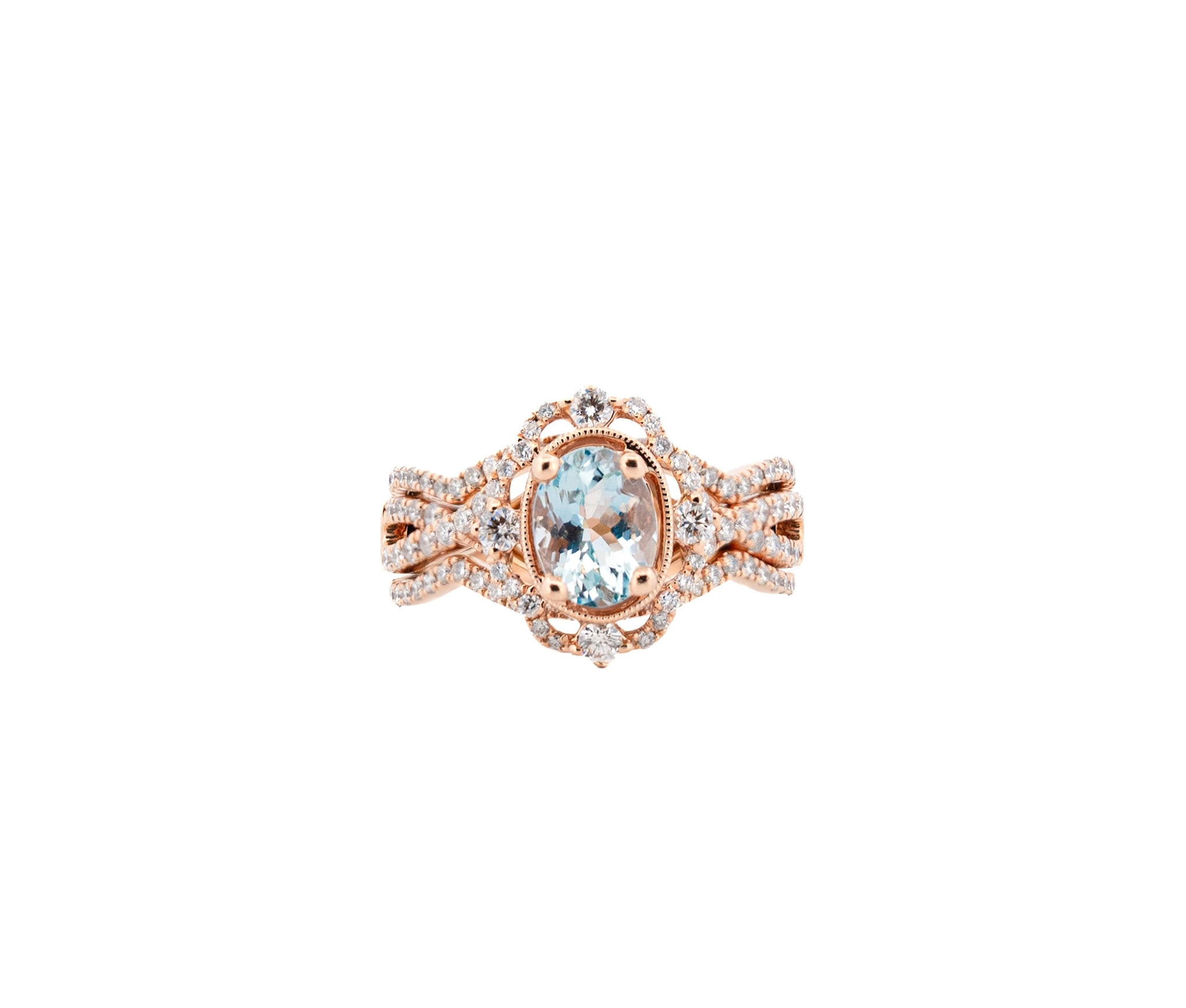 14K Rose Gold Diamond and Aquamarine Three Piece Wedding Ring Set