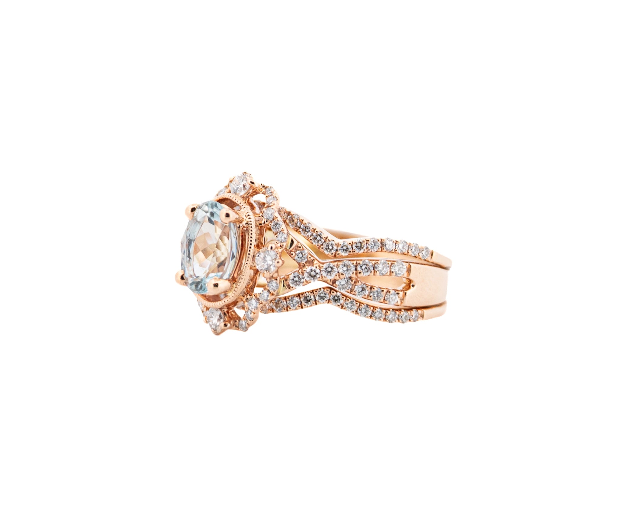14K Rose Gold Diamond and Aquamarine Three Piece Wedding Ring Set